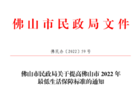 佛山市民政局 关于提高佛山市2022年最低生活保障标准的通知 佛民办〔2022〕59 号